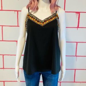 Embroidered Colorful Tape Detail Black Cami Top